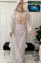 Load image into Gallery viewer, Luxury celebrant white lace with gold sequins Iro and buba set
