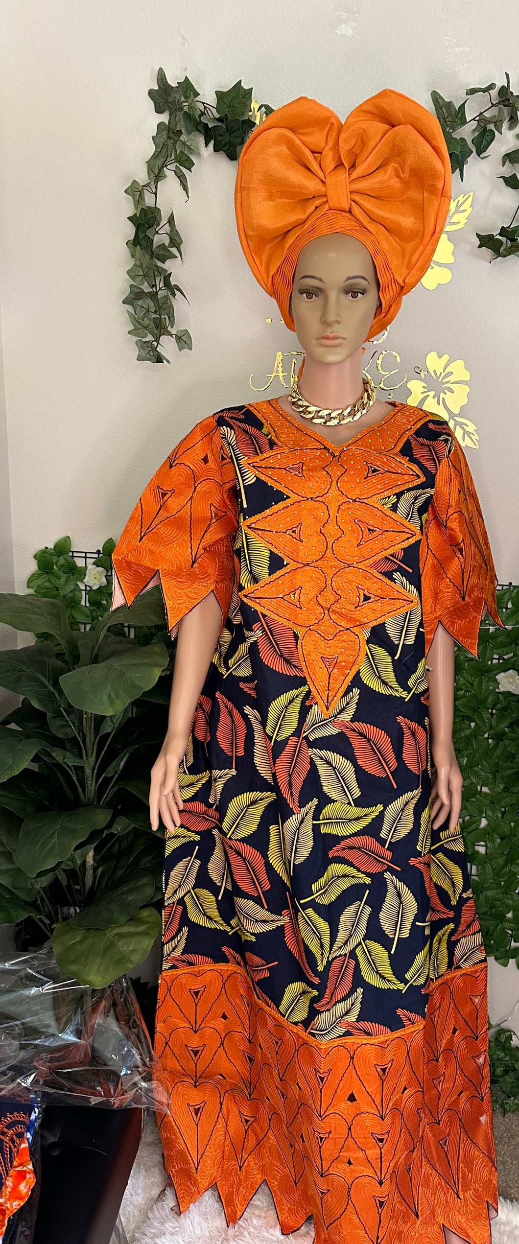 Pop of orange laser cut Ankara kaftan