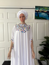 Load image into Gallery viewer, Luxury multicolored stones embellished white bubu with turban - free size
