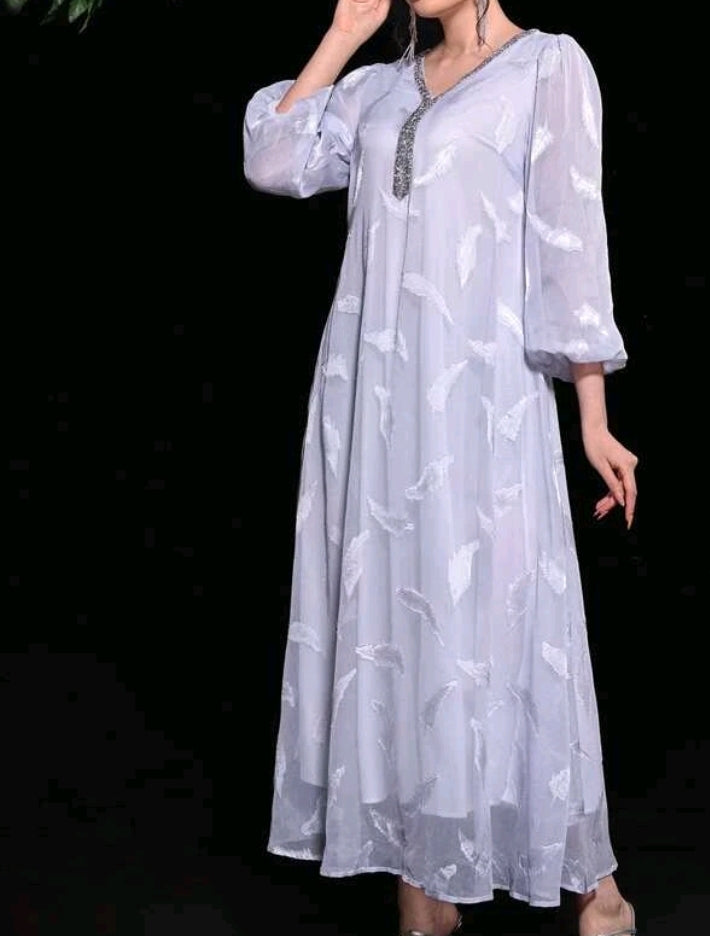 White shimmer neck free size Kaftan dress